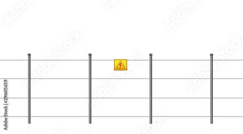 Electric fence with caution sign, warning of electrical shock. Seamless extendable isolated vector illustration on white background.