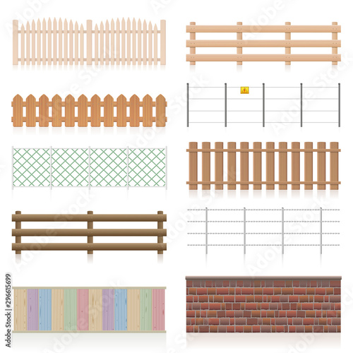 Canvas-taulu Different fences like wooden, garden, electric, picket, pasture, wire fence, wall, barbwire and other railings
