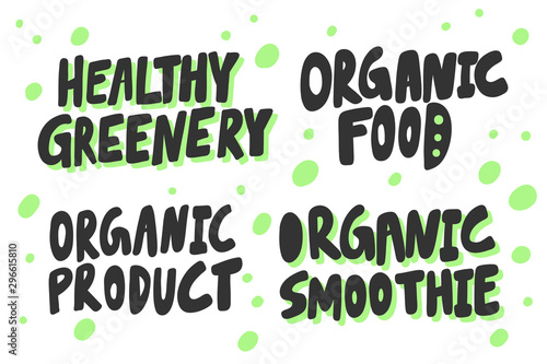 Green eco eat vegan organic bio sticker collection for social media content. Vector hand drawn illustration design. 