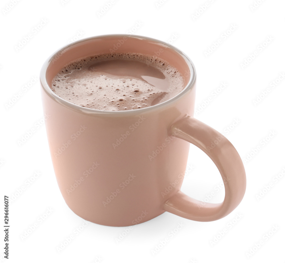 Obraz premium Delicious cocoa in beige cup on white background