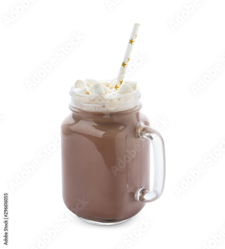 Delicious cocoa with marshmallows in mason jar on white background