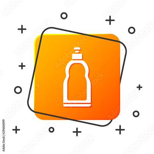 White Plastic bottle for liquid laundry detergent, bleach, dishwashing liquid or another cleaning agent icon isolated on white background. Orange square button. Vector Illustration