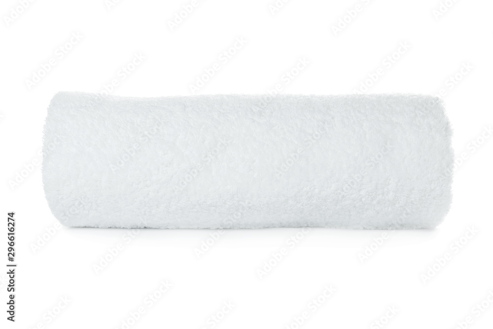 Rolled soft terry towel on white background