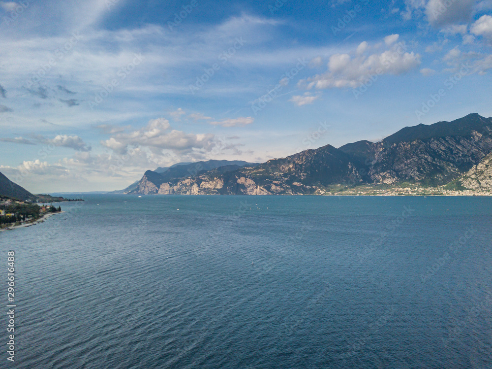 Aerial view of Lake Garda in Italy, Europe. Panorama view of water and mountains.