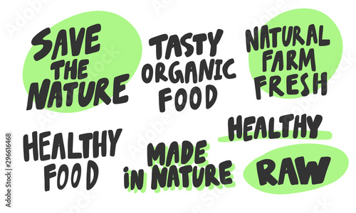 Green eco eat vegan organic bio sticker collection for social media content. Vector hand drawn illustration design. 