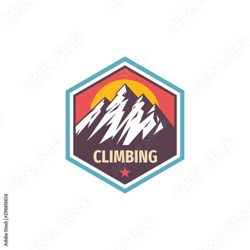 Climbing extreme sport - concept badge design. Mountains hiking creative logo. Adventue expedition outdoors emblem. Vector illustration.  photo