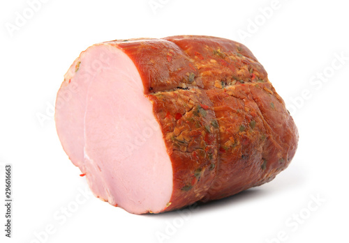 Smoked homemade delicious ham on white background