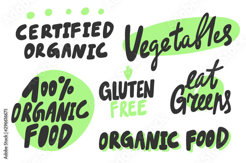 Green eco eat vegan organic bio sticker collection for social media content. Vector hand drawn illustration design. 