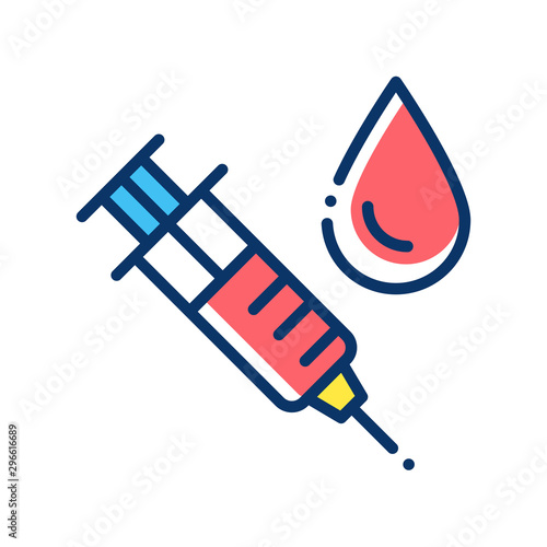 Syringe for injection vaccine with red blood color line icon. Medical examination concept. Pictogram for web, mobile app, promo.