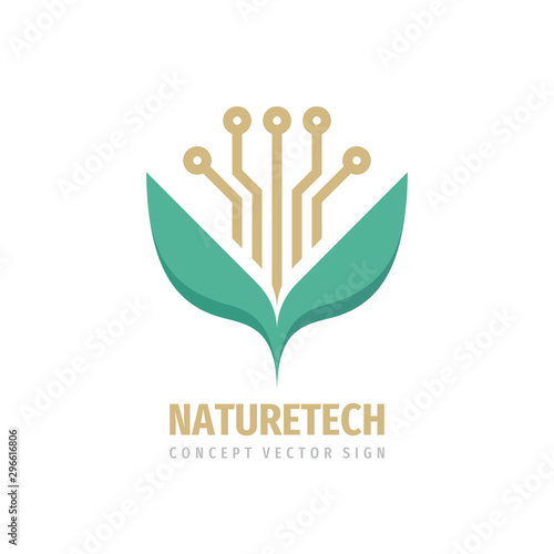 Eco technology sprout flower with green leaves - concept logo design. Nature electronic sign. Vector illustration. 