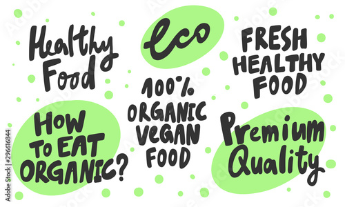 Green eco eat vegan organic bio sticker collection for social media content. Vector hand drawn illustration design. 
