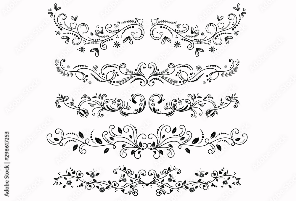 Wreath ornaments with leaves vectors.  Set Collection of Vintage Ornament Elements, Hand drawn vector dividers. Doodle design elements. Decorative swirls dividers.