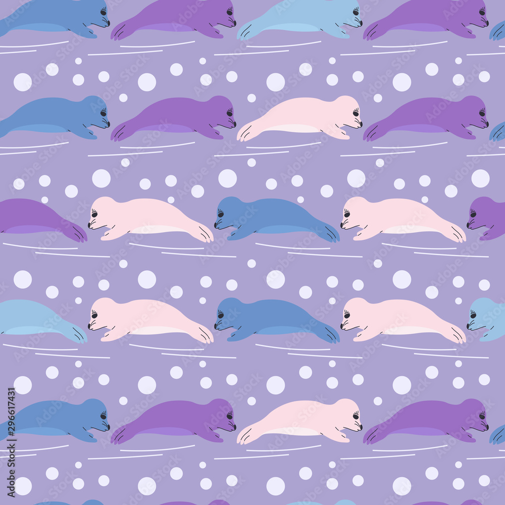 Seal pup seamless pattern in trendy colors Vector illustration of lying