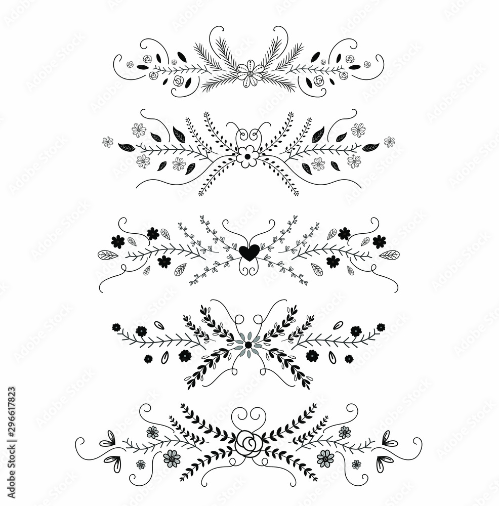 Ornaments with flowers and leaves Vector. Collection with hand drawn borders in sketches style. Borders and Dividers vector. Set Floral and abstract dividers. Illustrations ornaments
