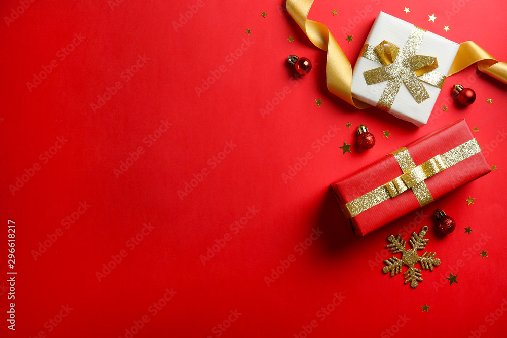 Christmas mood concept. Layout composition with traditional festive attributes, presents in vintage style wrapping. Winter holidays season. Background, copy space, close up, top view, flat lay.