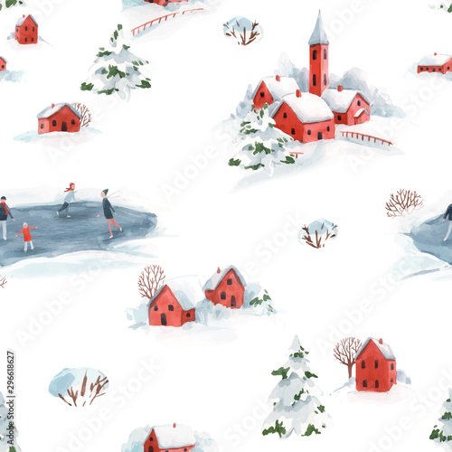 Watercolor vector seamless pattern winter snowy christmas time red house town landscape fir trees