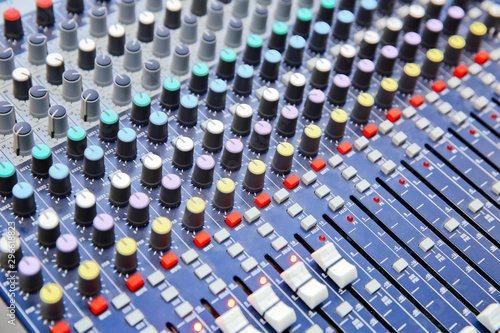 Picture of Musical amplifier Sound amplifier or Music mixer with Knobs, Jack holes and Mic connectors . The part of Musical amplifier Sound amplifier or Music mixer with Knobs and Jack holes .