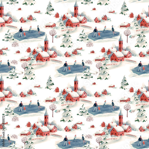 Watercolor vector seamless pattern winter snowy christmas time red house town landscape fir trees