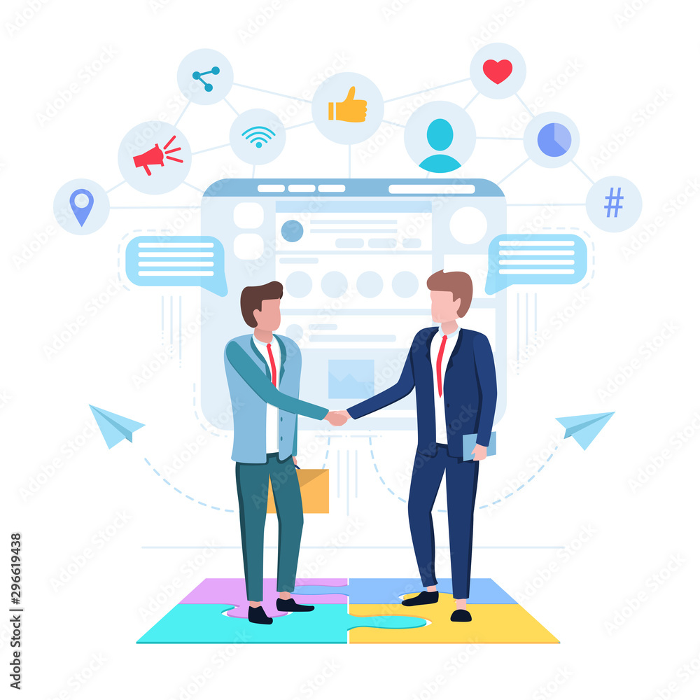 Businessmen shaking hands and discussing their business. Social networks, smm, smo, seo concept. Making a deal. Flat vector illustration Businessmen shaking hands and discussing their business. Social networks, smm, smo, seo concept. Making a deal. Flat vector illustration