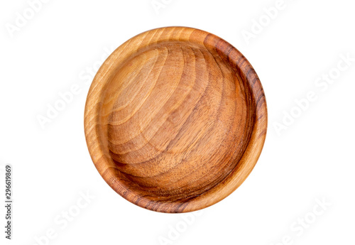 Top view of handmade empty wooden bowl isolated on white background.