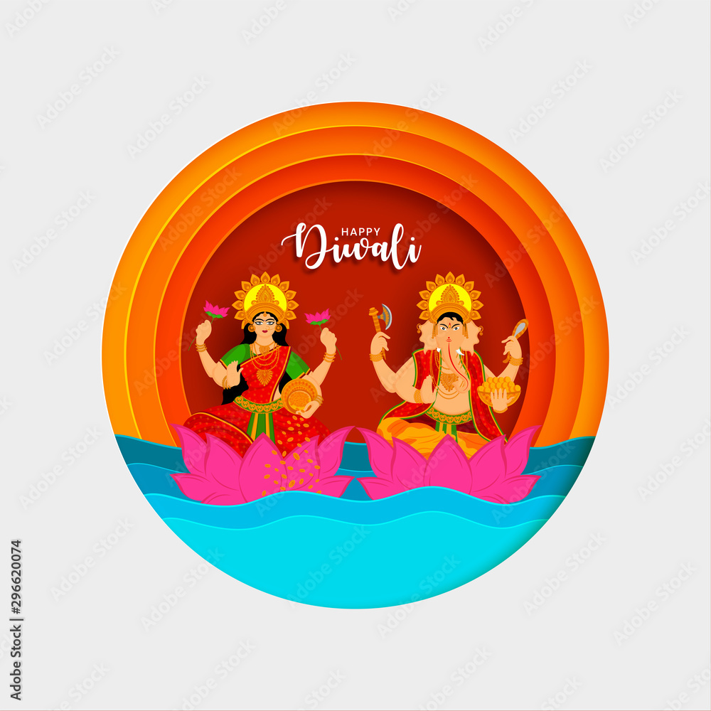 Fototapeta premium Creative papercut traditional indian background with vector illustration of goddess laxmi and lord ganesha on the occasion of festival of lights Diwali. Happy Diwali.