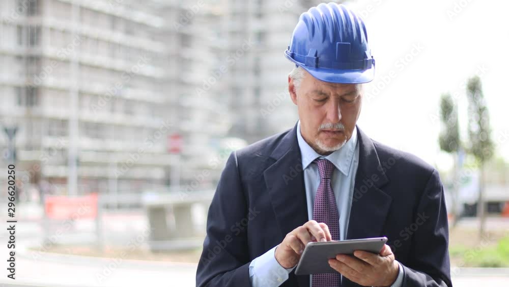 Senior engineer man in suit and helmet working on tablet pc Senior engineer man in suit and helmet working on tablet pc