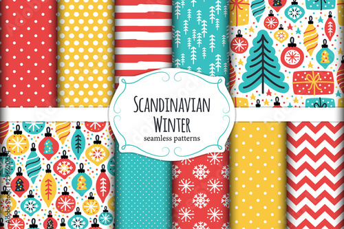 Cute Scandinavian Winter hand drawn seamless patterns set