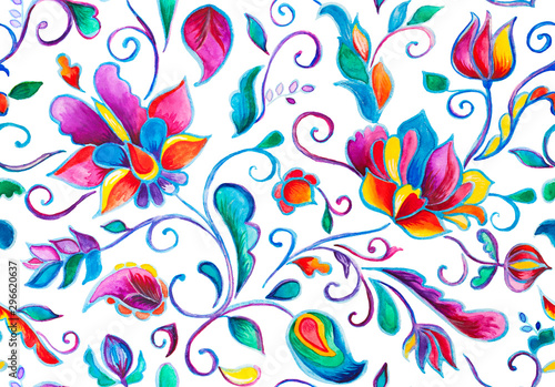 Paisley watercolor floral pattern tile with flowers, flores, tulips, leaves. Oriental traditional hand painted water color whimsical seamless print border for design. Abstract indian batik background.