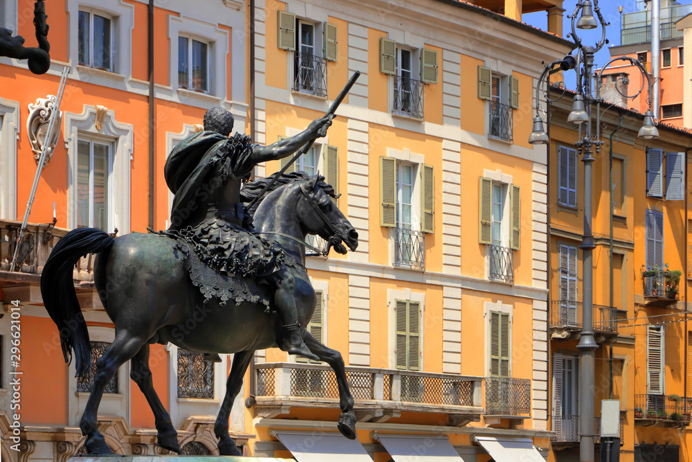 ancient horse statue in piacenza city in italy 