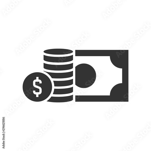 Stack of coins and banknote black icon on white background. Money concept
