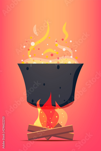 Halloween cauldron with potion. Magic autumn holiday element. Vector illustration design.