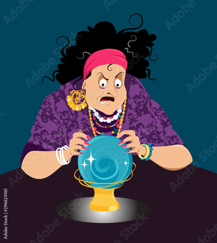 Old gypsy woman fortune teller gazing at a crystal ball predicting menacing future, EPS 8 vector illustration 