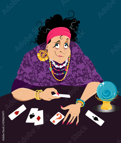Gypsy fortune teller reading cards, EPS 8 vector illustration