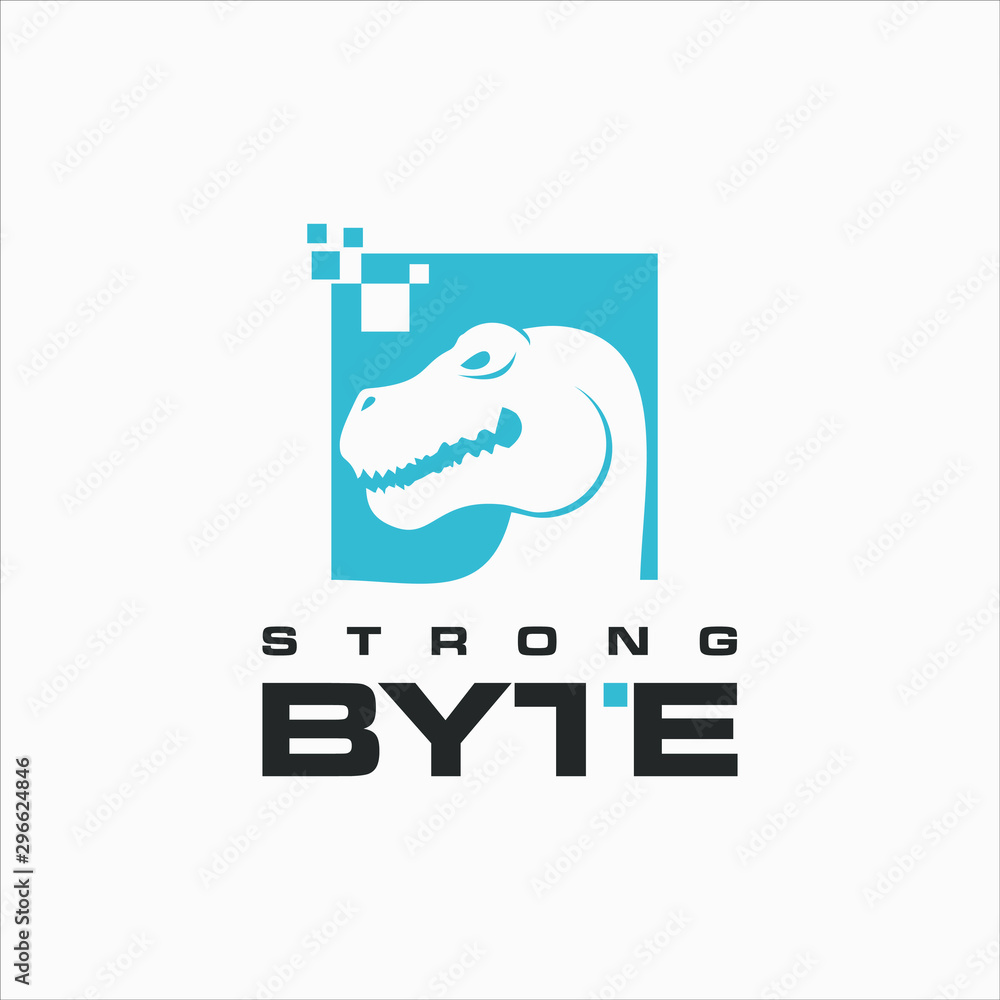 Naklejka premium simple tyrannosaurus head and pixelated frame for technology or internet logo design inspiration