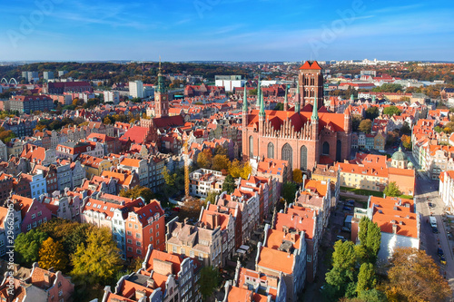 Aerial view of the old town in Gdansk with St Mary Basilica, Poland