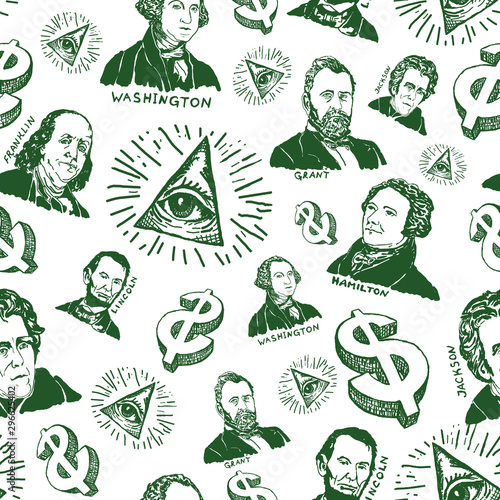 Seamless pattern hand drawn with gravure of presidents portraits on white background. Vector illustration.