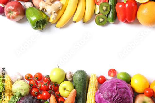 Fototapeta Naklejka Na Ścianę i Meble -  Composition with ripe vegetables and fruits isolated. Top view