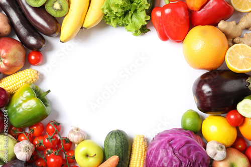 Fototapeta Naklejka Na Ścianę i Meble -  Composition with ripe vegetables and fruits isolated. Top view