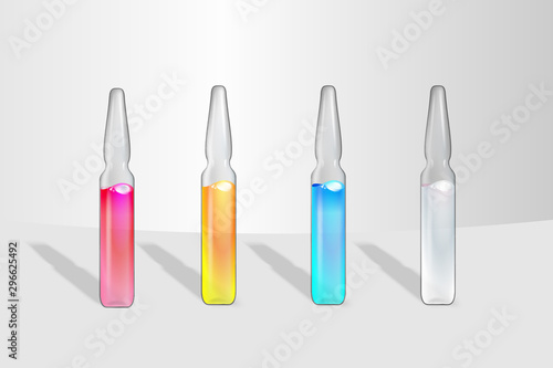 Set of transparent Medical Ampoules with Colorful liquid drug solution. Vial hypodermic injection. Treatment disease care in hospital and prevention illness. Glass bottles for vaccine drug, vitamin