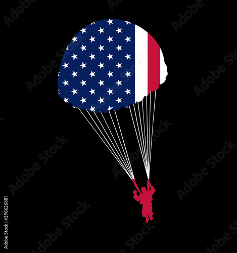 Paratrooper Parachute with American Flag Silhouette United States USA Freedom Isolated