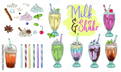 Bubble tea cup design collection, Yummy drinks, soft drinks with doodle style banner, Bubble milk tea ads with delicious tapioca and pearl, bubble tea menu graphic template