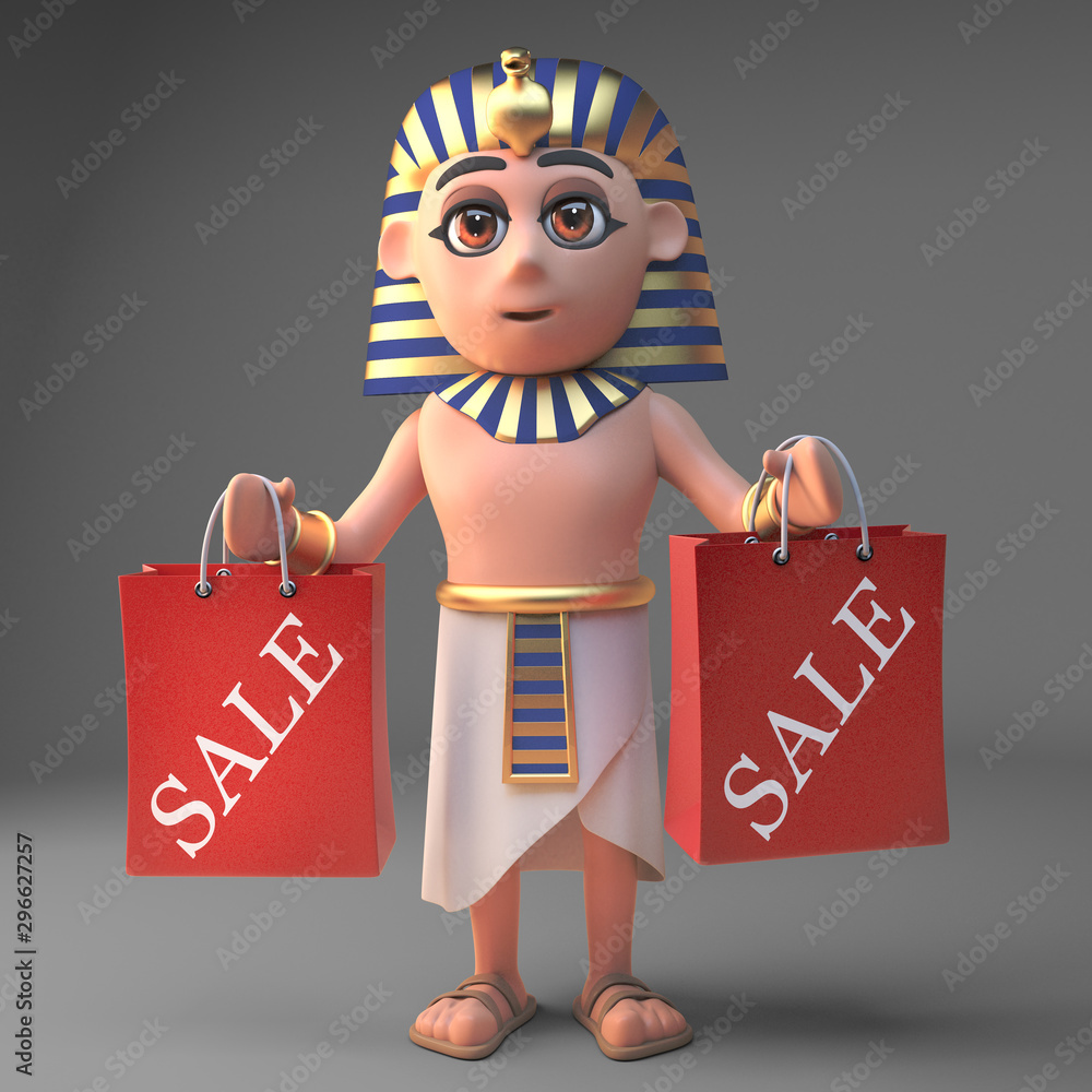 Cartoon 3d pharaoh character Tutankhamun holding two red shopping bags, 3d  illustration Stock Illustration | Adobe Stock