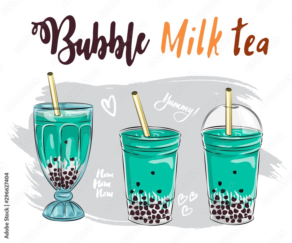 Bubble tea cup design collection, Yummy drinks, soft drinks with doodle