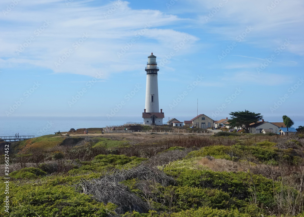 Pigeon Point Lighthouse on the California Pacific Ocean coastline showing the outbuildings