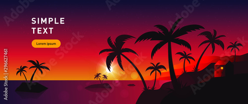 Sunset on the sea, summer, palm trees, house and mountains, in a simple flat style.