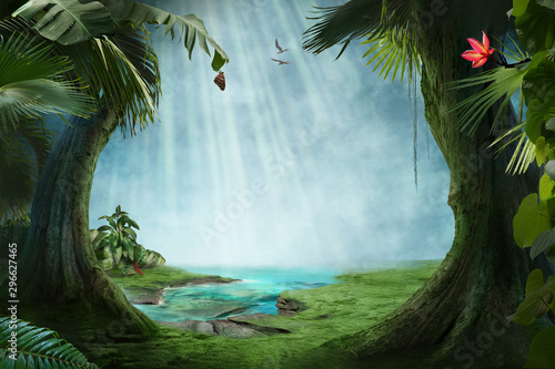 beautiful jungle beach lagoon view with palm trees and tropical leaves, can be used as background