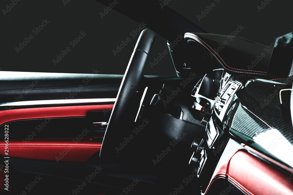 Fototapeta premium Red Leather Luxury Car Inside Interior