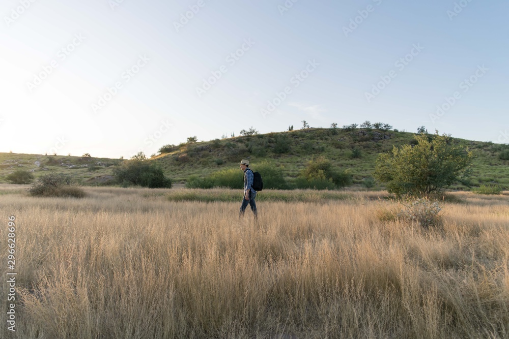 Man walking in natural environment at a sunny afternoon