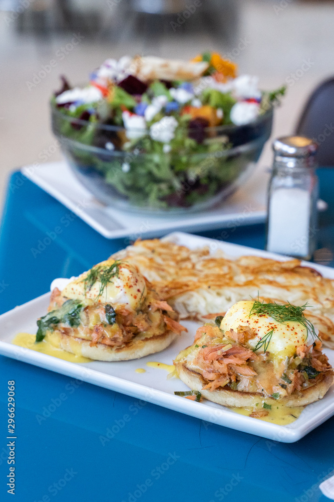 Salmon eggs benedict. A Pacific Northwest spin on a classic breakfast item. Delicious and fresh salmon, eggs, hollandaise sauce, and English muffins for breakfast or brinch. Salmon eggs benedict. A Pacific Northwest spin on a classic breakfast item. Delicious and fresh salmon, eggs, hollandaise sauce, and English muffins for breakfast or brinch.