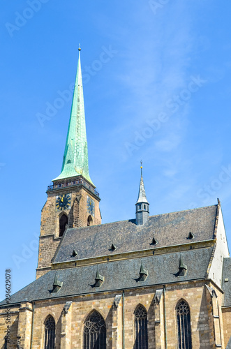 Close up picture of Gothic Saint Bartholomew Cathedral in Pilsen, Czech Republic. Historic cathedral in the old town. The city is known as Plzen in Czech and is famous for its beer. Bohemia, Czechia